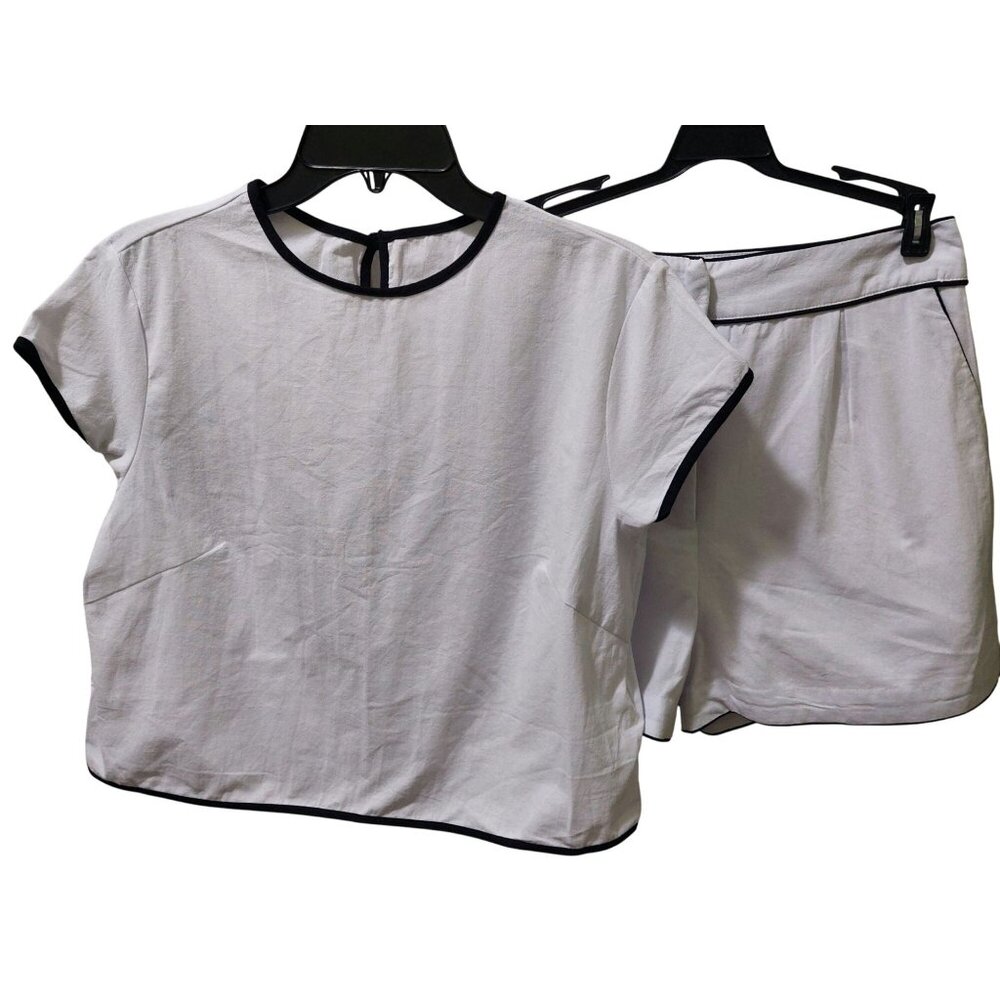 NWT Commense Womens White & Black Trim 100% Cotton Shirt + Shorts Set Size Med. - Picture 4 of 7